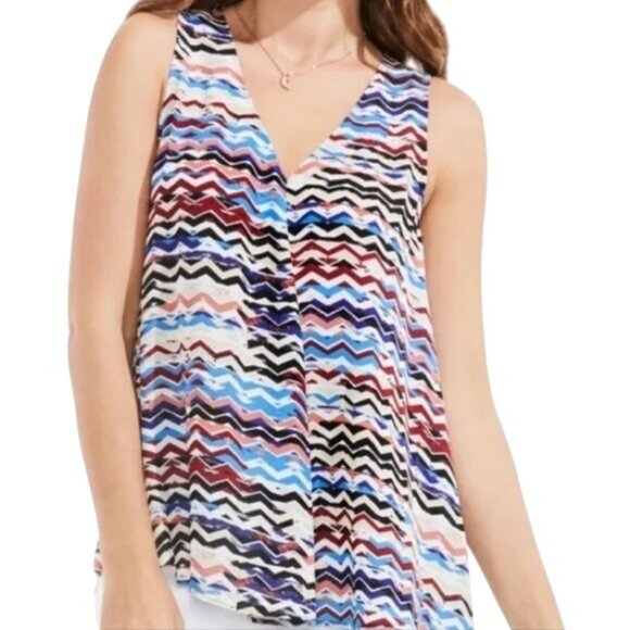 Vince Camuto Blouse Size Medium Multi V Neck Sleeveless High Low Chevron Flowy - Picture 1 of 8